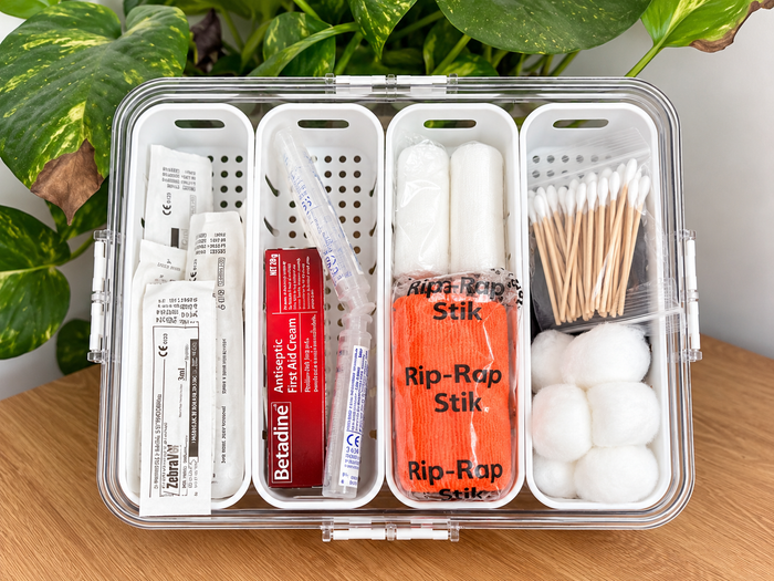 Henmergency First Aid Kit in reusable storage organiser