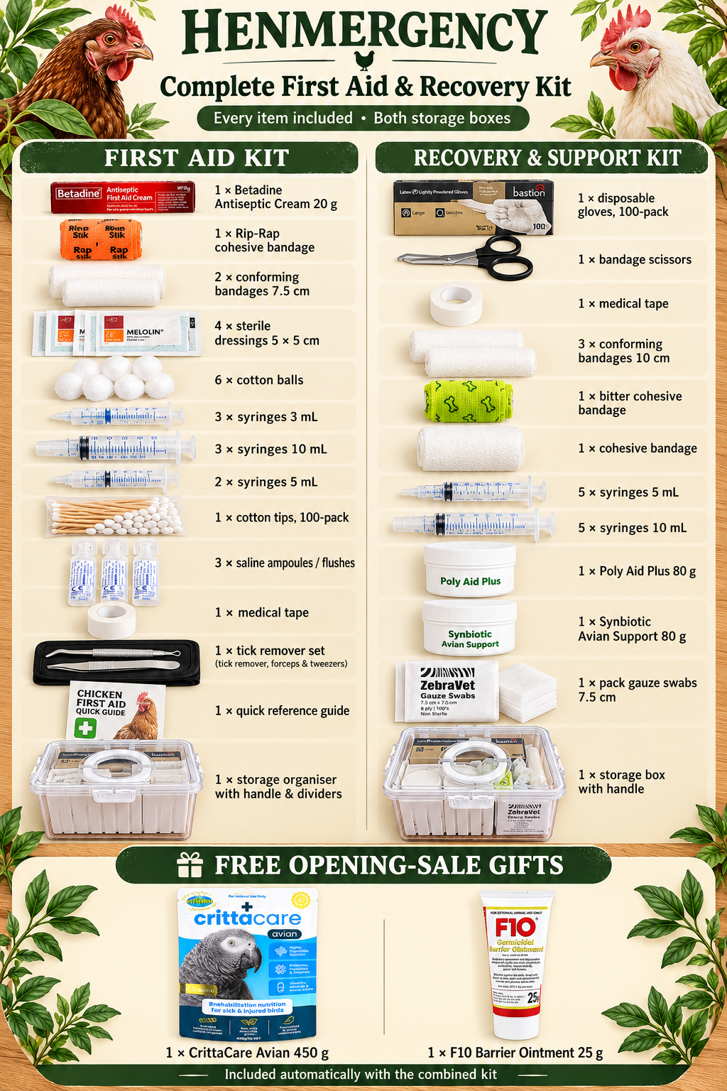 Complete contents breakdown for both Henmergency kits, both storage boxes and free opening-sale gifts; quantities listed for every item