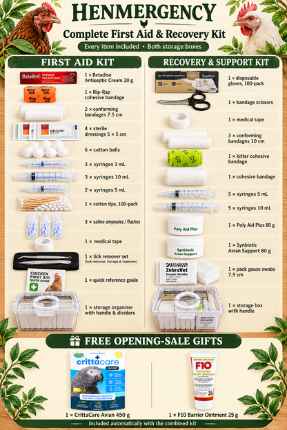 Complete contents breakdown for both Henmergency kits, both storage boxes and free opening-sale gifts; quantities listed for every item