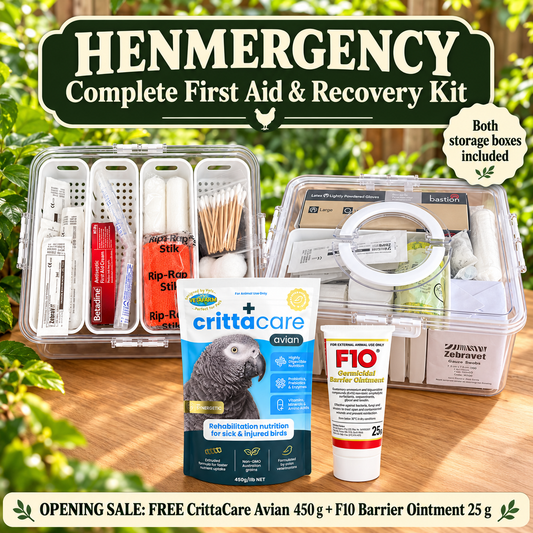 Henmergency Complete First Aid and Recovery Kit with both storage boxes, free CrittaCare Avian 450 g and F10 Barrier Ointment 25 g