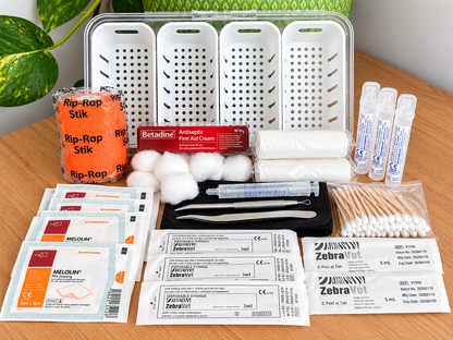 Henmergency first aid kit contents arranged on wooden table